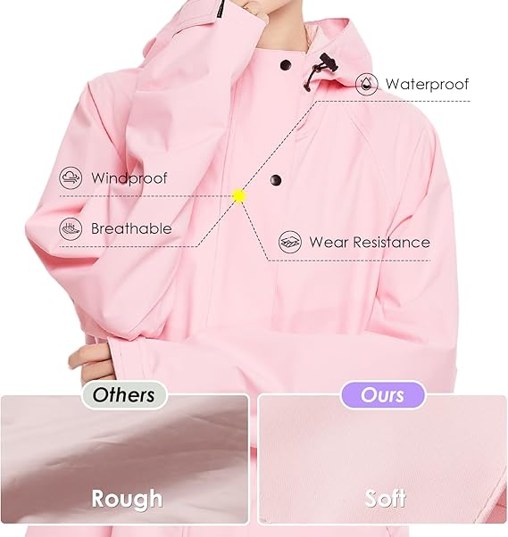 Long Raincoat for Women, Lightweight Rain Coat with Hooded, Waterproof Rain Jacket, Packable Rainwear