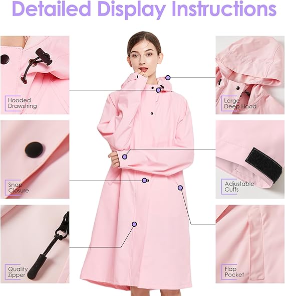 Long Raincoat for Women, Lightweight Rain Coat with Hooded, Waterproof Rain Jacket, Packable Rainwear